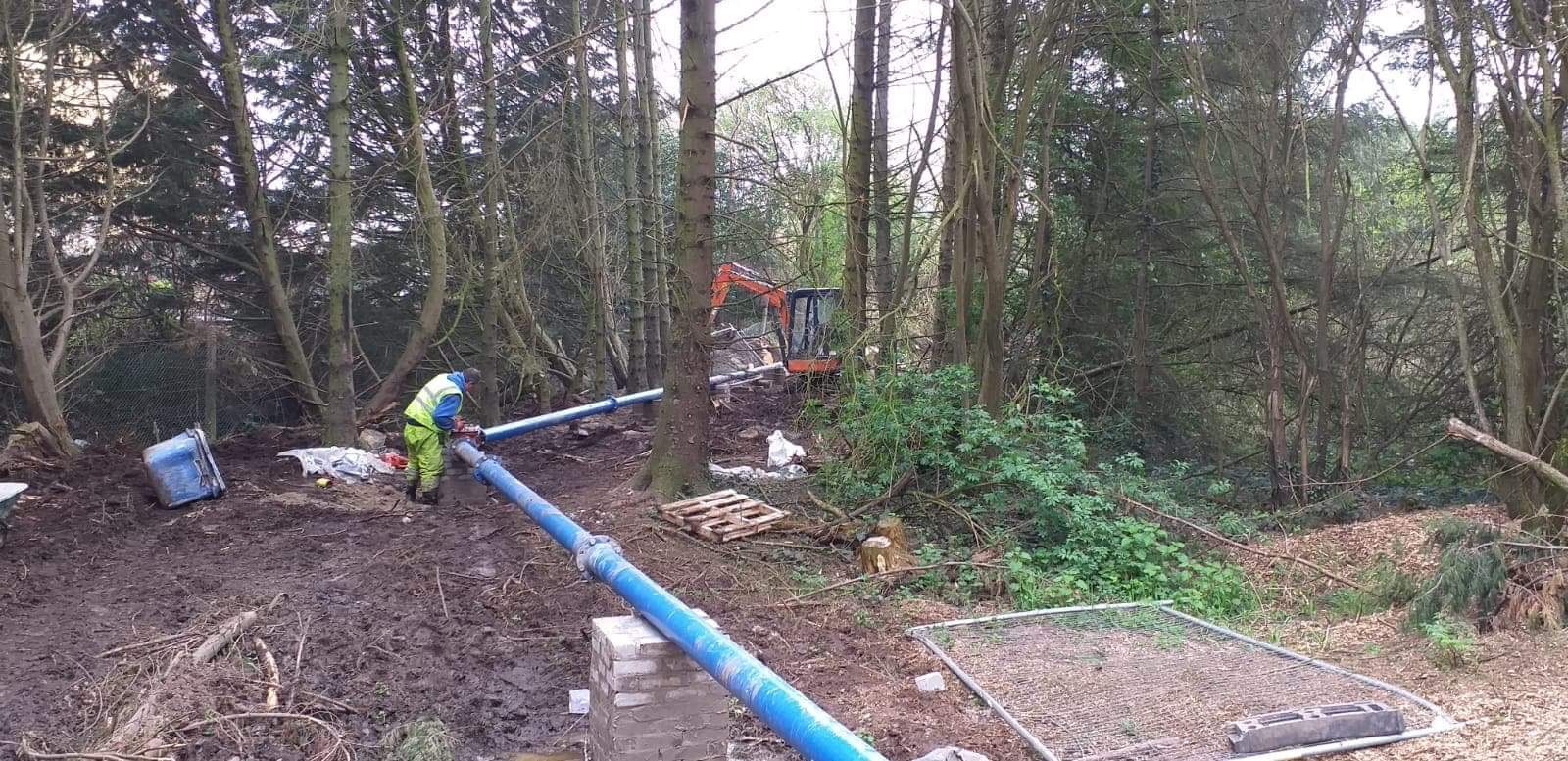 A new water supply pipe being laid through a wooded site.